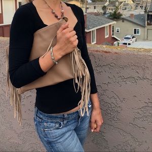 Neiman Marcus deux lux leather fringe handbag